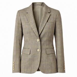 Talbots Plaid Linen Blend Blazer Tan 6 Petite